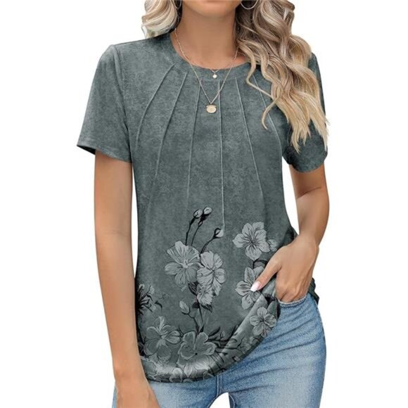 Womens Casual Crew Neck Short Sleeve Pleated Tops Blouses Fashion Clothes 2025 - Picture 6 of 6